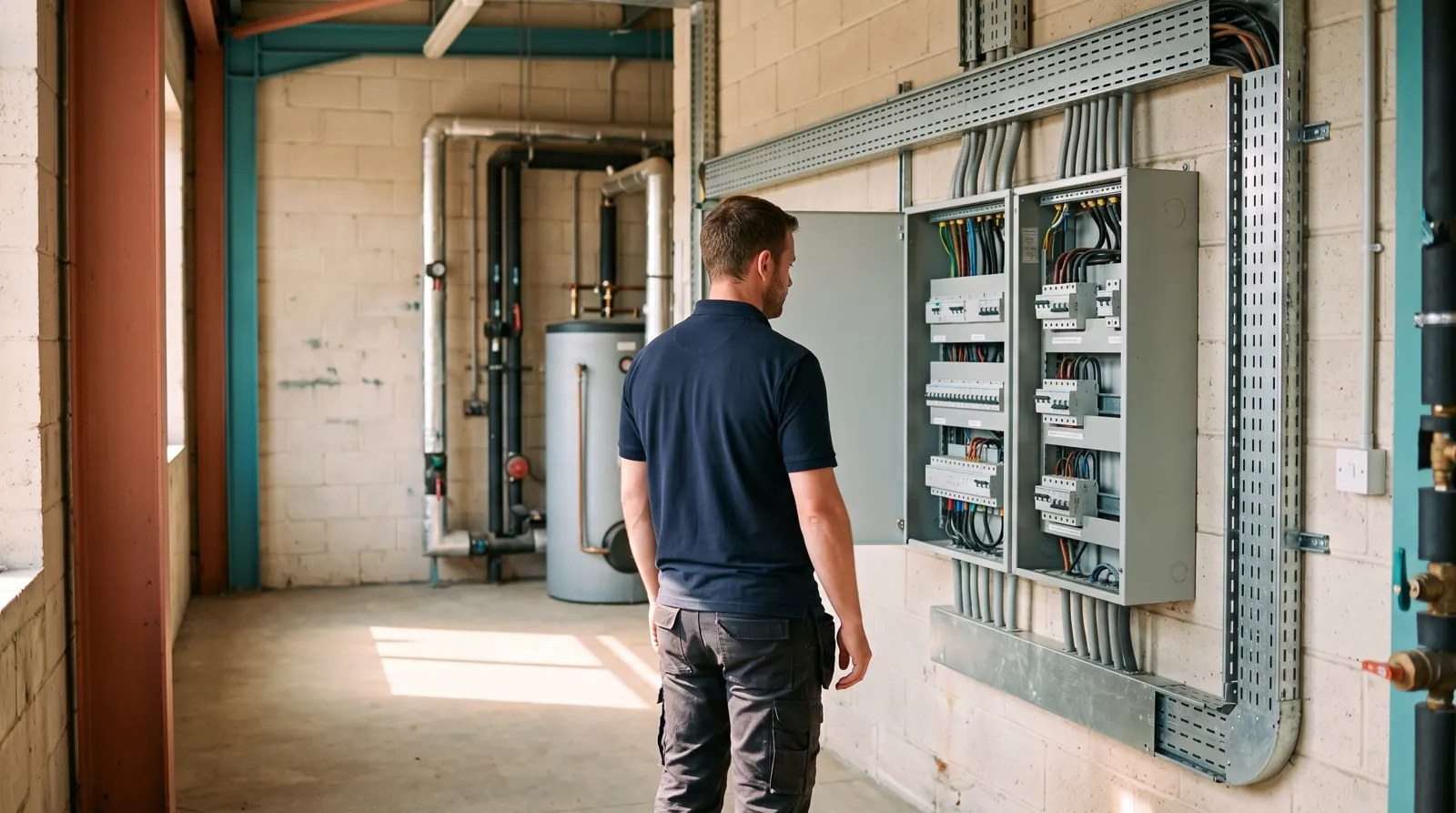 Three-phase distribution board in a commercial plant room